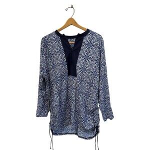 Lands’ End New 1/2 Zip Rash Guard Swim Tunic Top Blue Geometric 2X